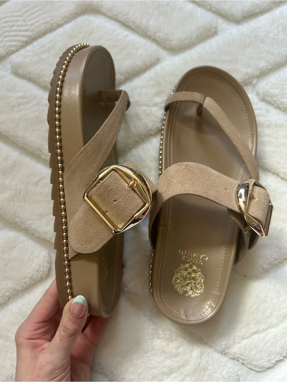 Vince Camuto Camilo Toe Loop Sandals in Tortilla Suede